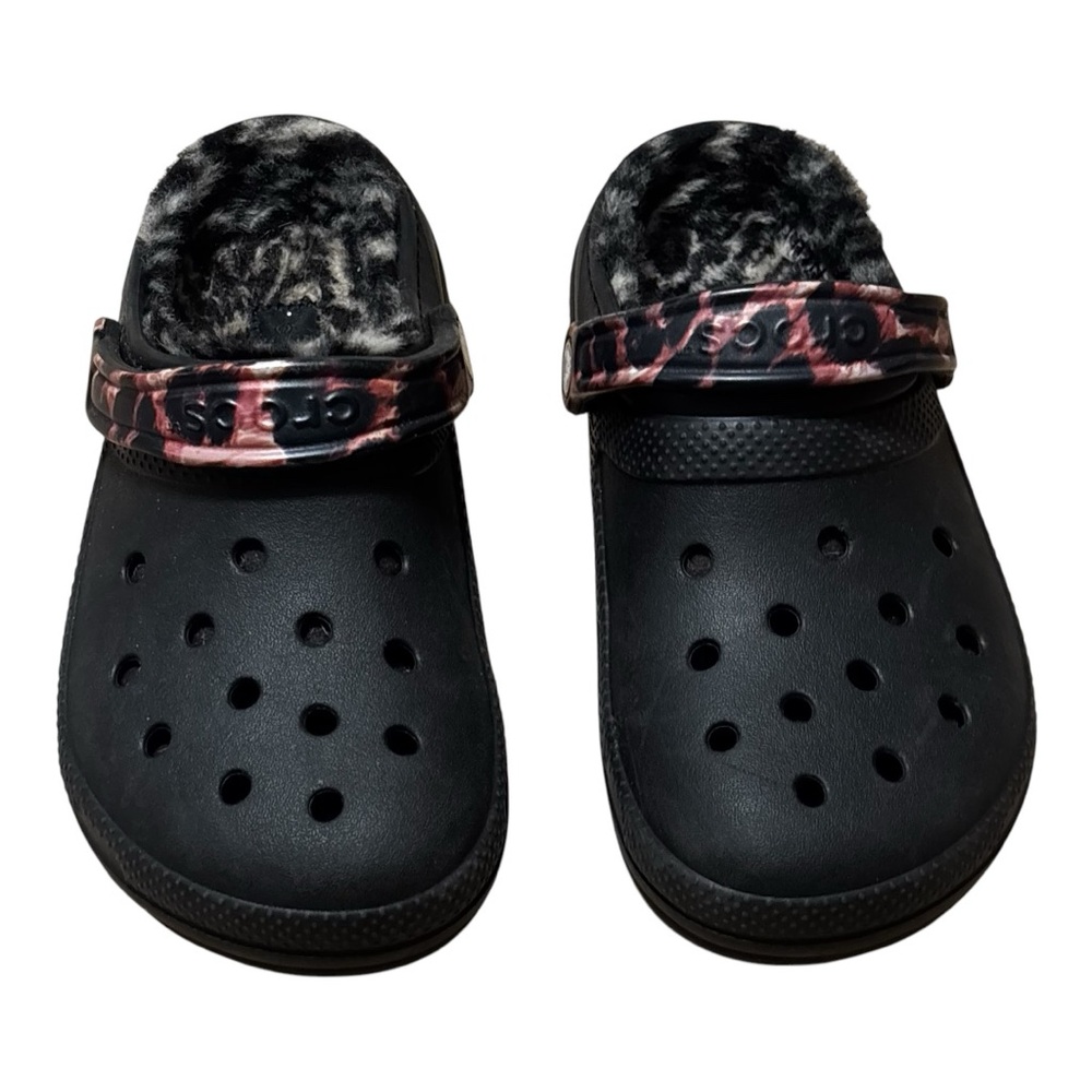 CROCS Animal Print Zebra Fur Lined Black w/Pink Shoes EUC